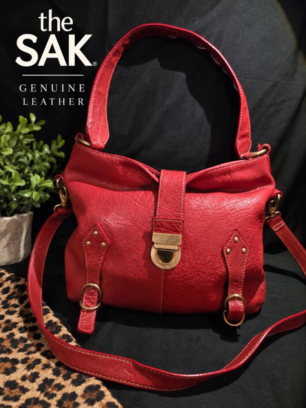 The Sak Red Pebbled Cowhide Leather Shoulder Crossbody Bag Brass Hardware